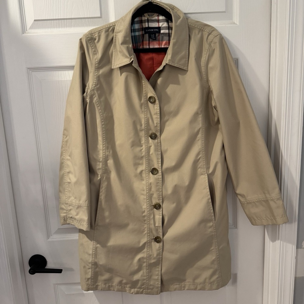 Lands' End Beige Trench Coat with Plaid Lining